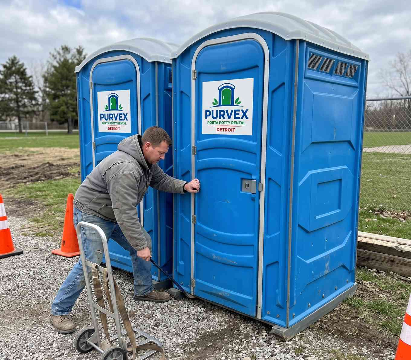 Purvex Porta Potty Rental Detroit crew setting up portable restrooms at a job site